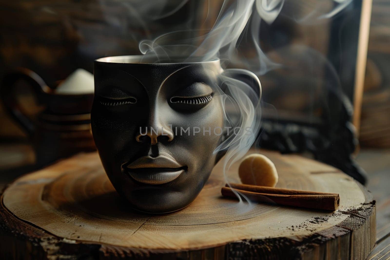 A designer mug with a picture of a man's face with hot coffee is on the table. Steamed Coffee mug.
