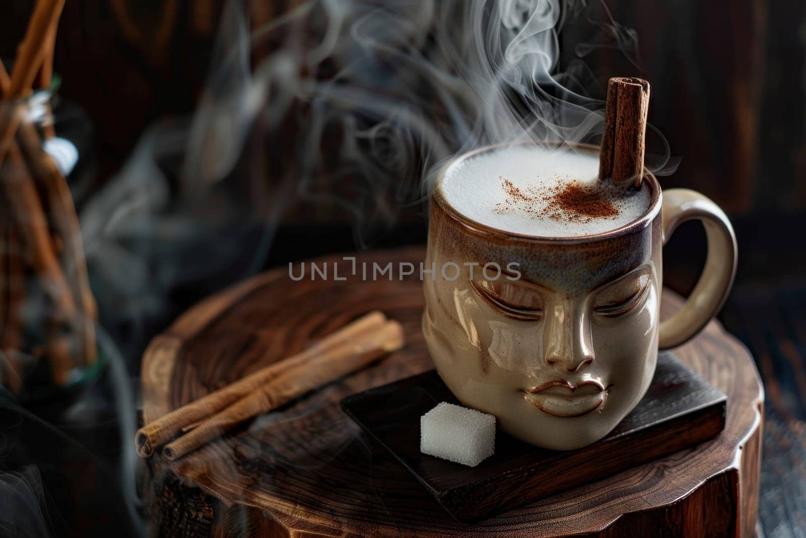 A designer mug with a picture of a man's face with hot coffee is on the table. Steamed Coffee mug.