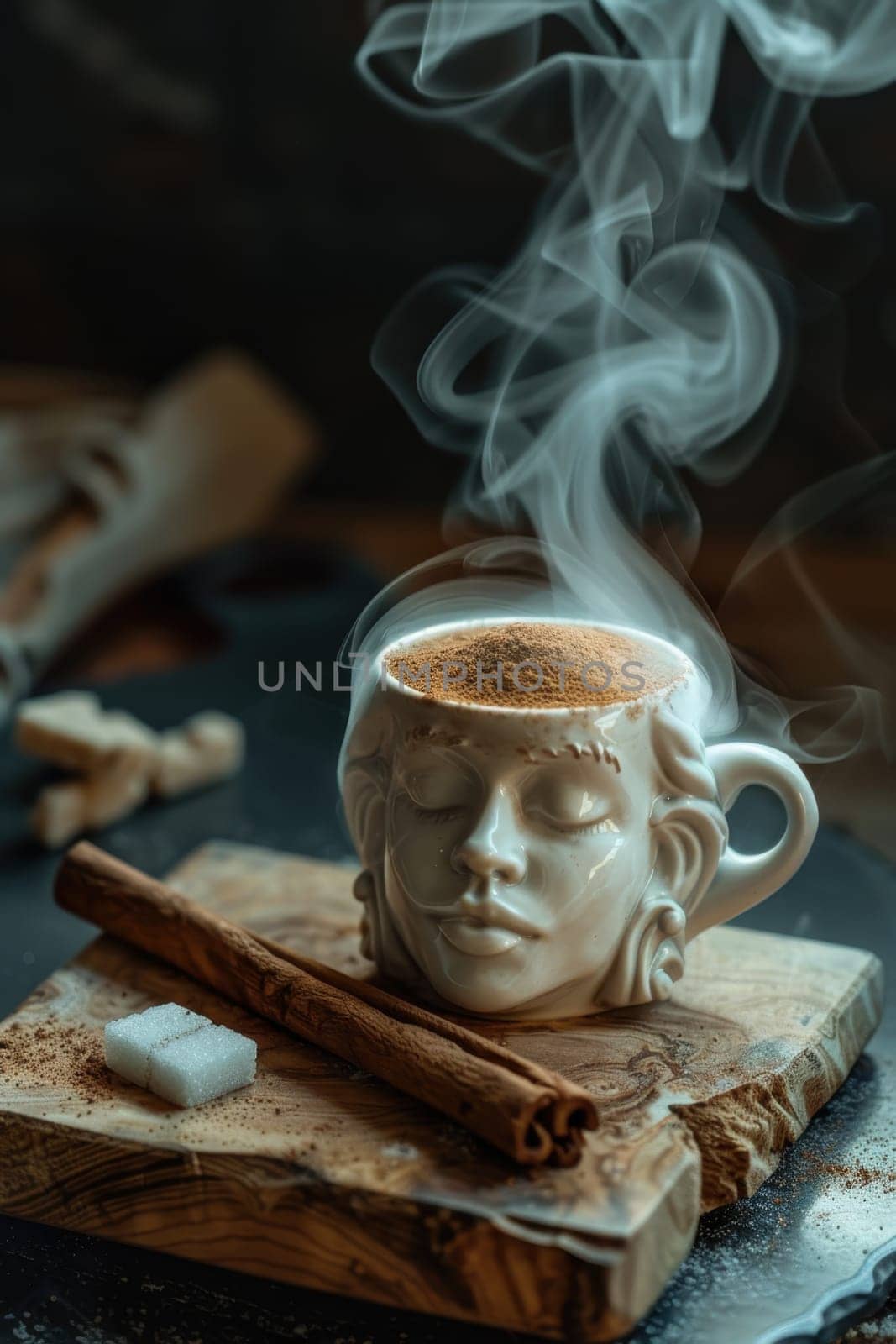 A designer mug with a picture of a man's face with hot coffee is on the table. Steamed Coffee mug.