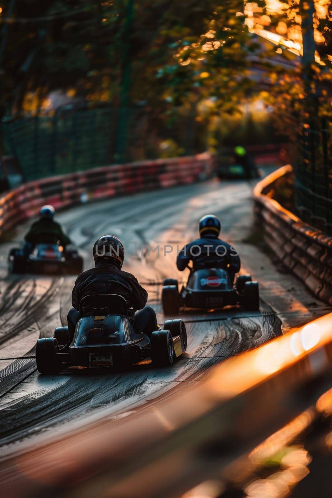 Helmeted racers race karts on an open track, experiencing pleasure and excitement.