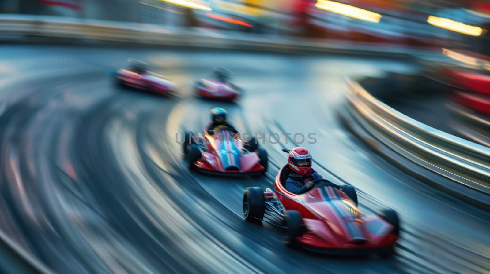 Helmeted racers race karts on an open track, experiencing pleasure and excitement.