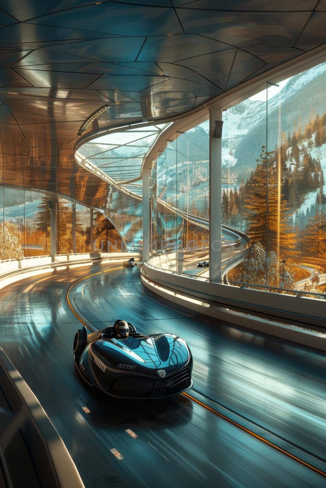 Helmeted racers race karts on an open track, experiencing pleasure and excitement.
