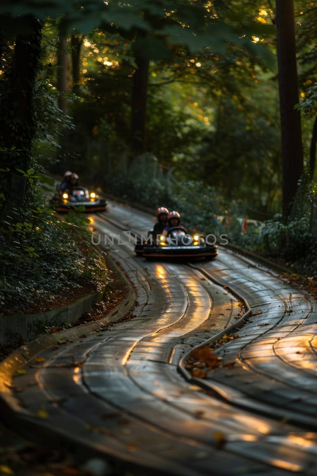 Helmeted racers race karts on an open track, experiencing pleasure and excitement.