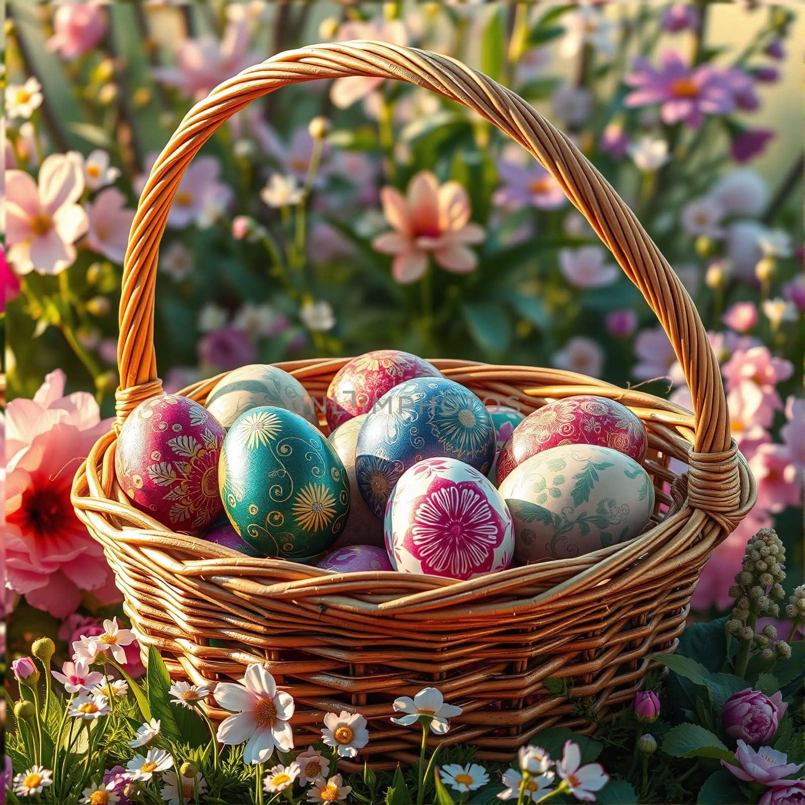 A basket filled with intricately decorated Easter eggs sits amidst vibrant spring flowers, showcasing a delightful assortment of colors and patterns, celebrating the season's beauty.