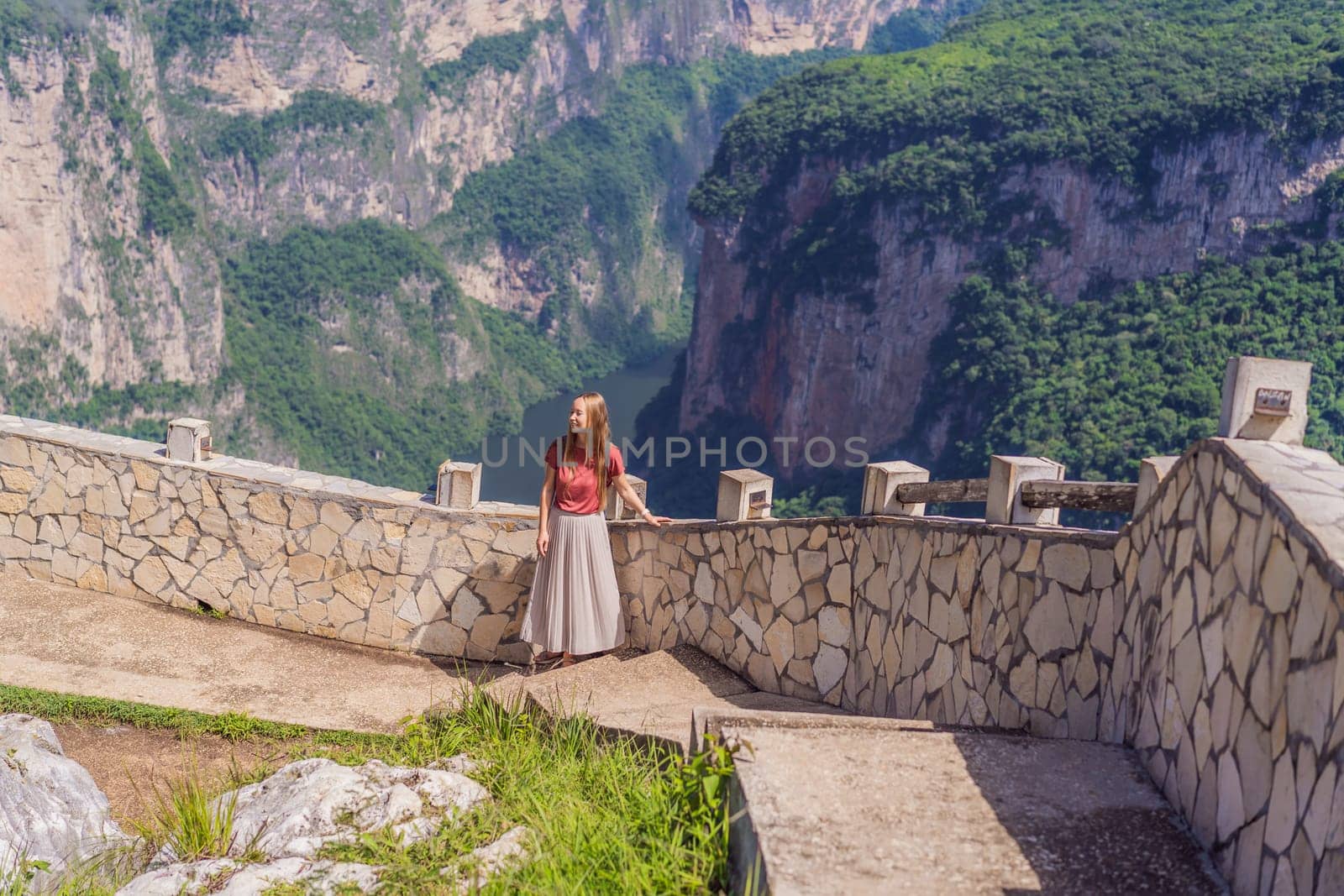 Female tourist exploring Sumidero Canyon National Park, Mexico. Adventure, natural exploration, and travel experience concept.