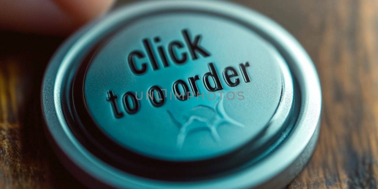 Finger hovers over a shiny click to order button, capturing modern online shopping with a focus on technology and convenience