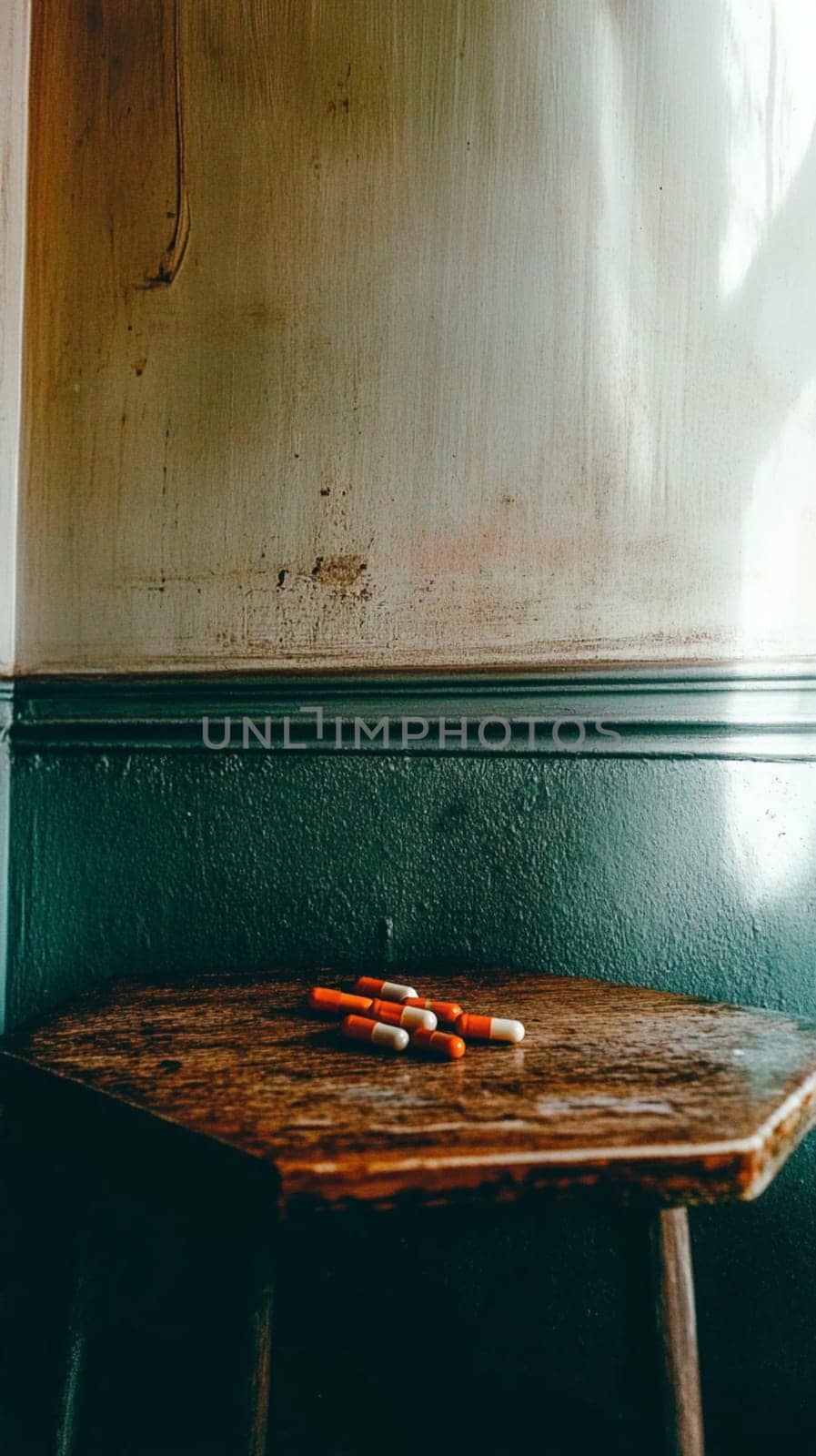 Pills scattered on a rustic table in a dimly lit room, bathed in warm light against a textured wall. Evokes loneliness, despair, hope, and healing, exploring themes of illness, relief, and danger