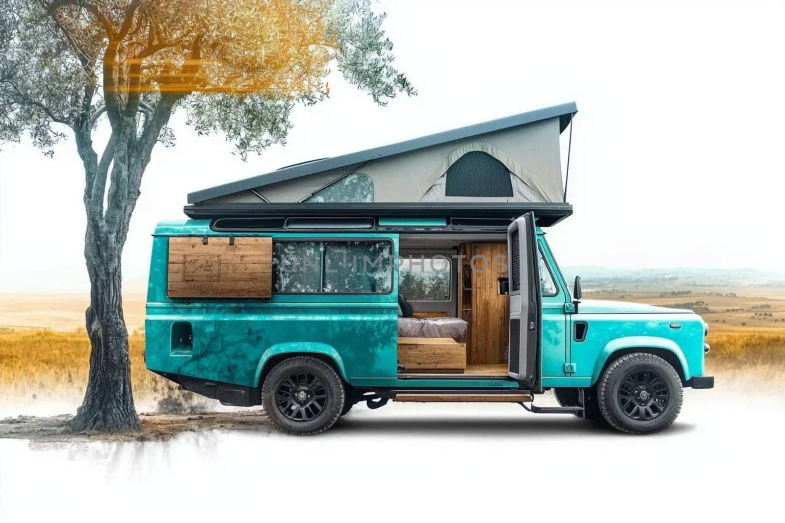 4x4 offroad vehicle is parked on a white background with a rooftop tent deployed. The modern camper van is parked near a tree
