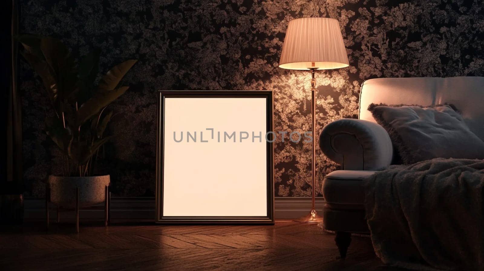 Vertical blank picture frame is illuminated by a lamp in a cozy living room, inviting the viewer to imagine their own picture in the scene