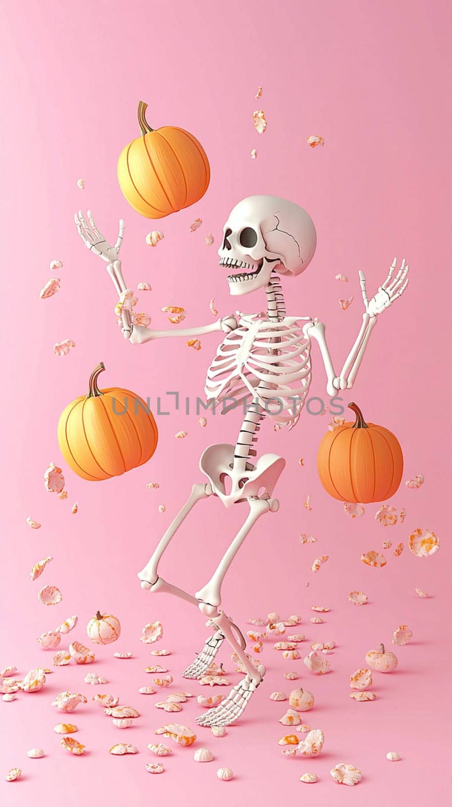 Skeleton is playfully juggling pumpkins in the air, capturing the festive spirit of halloween with an orange background and scattered white petals
