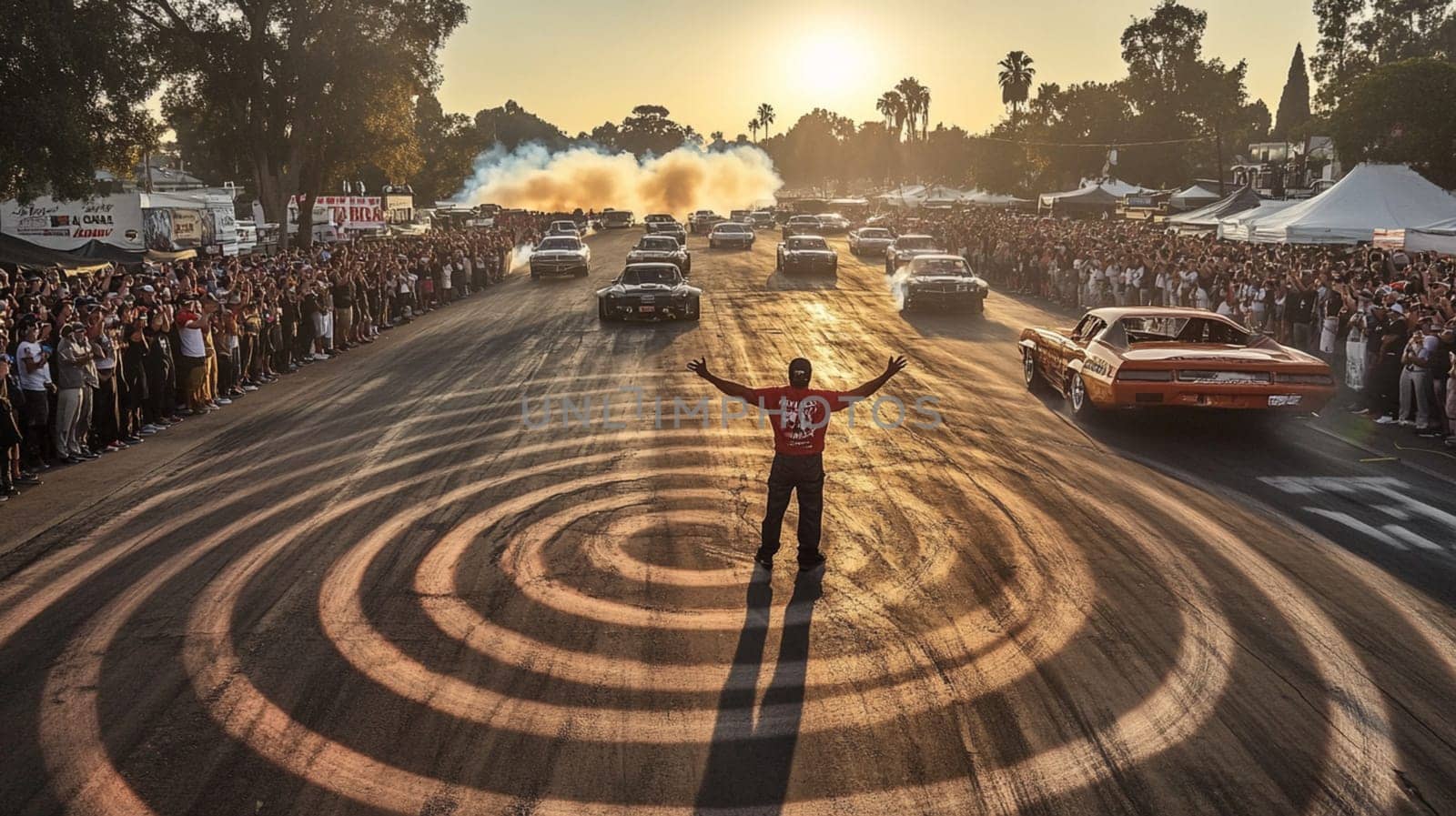 Powerful sports cars race through city streets at sunset, leaving a trail of smoke, thrilling spectators with high speed action