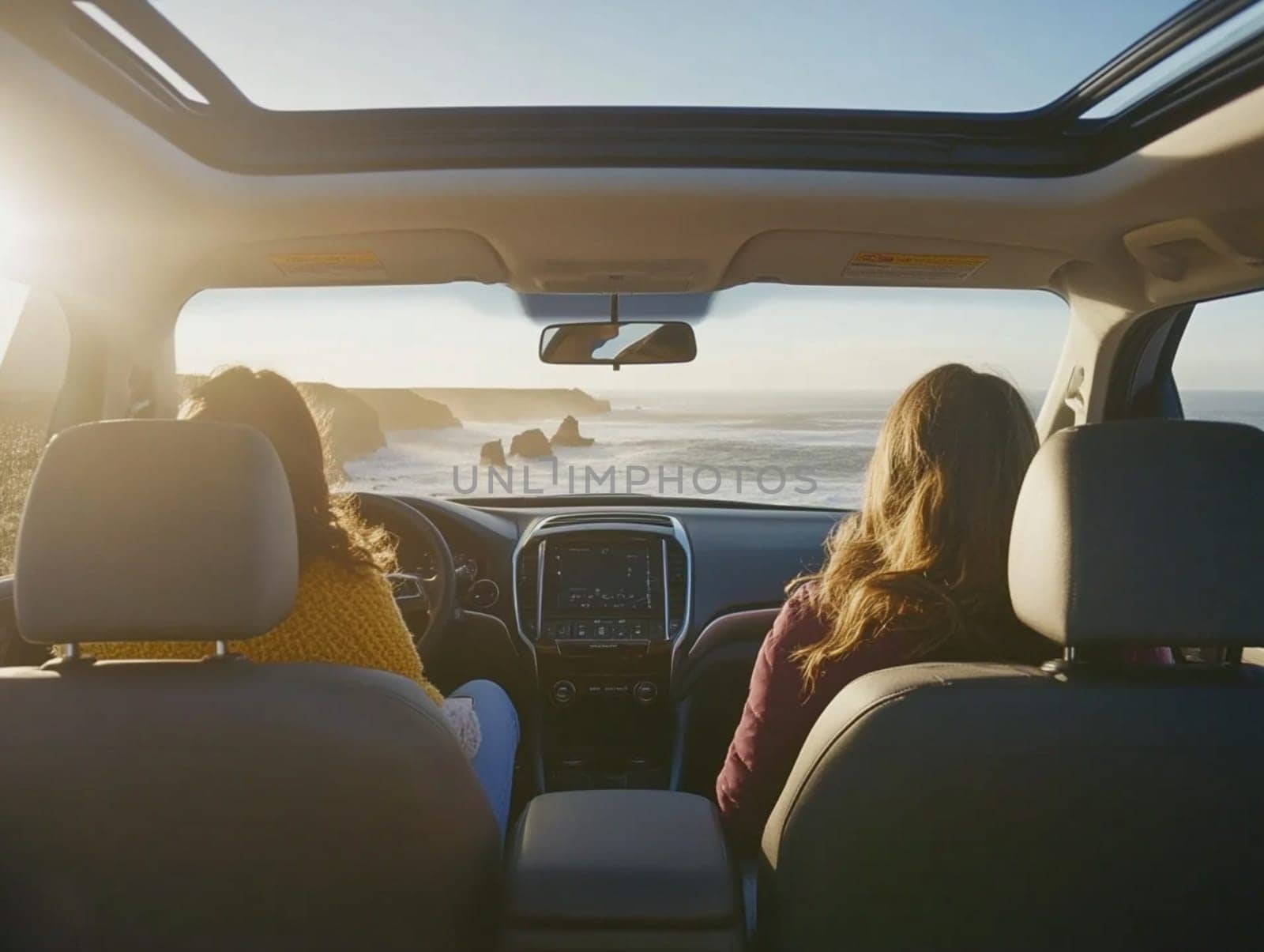 Two individuals in a car, admiring stunning ocean views as the sun sets, creating a warm and picturesque atmosphere on their journey.