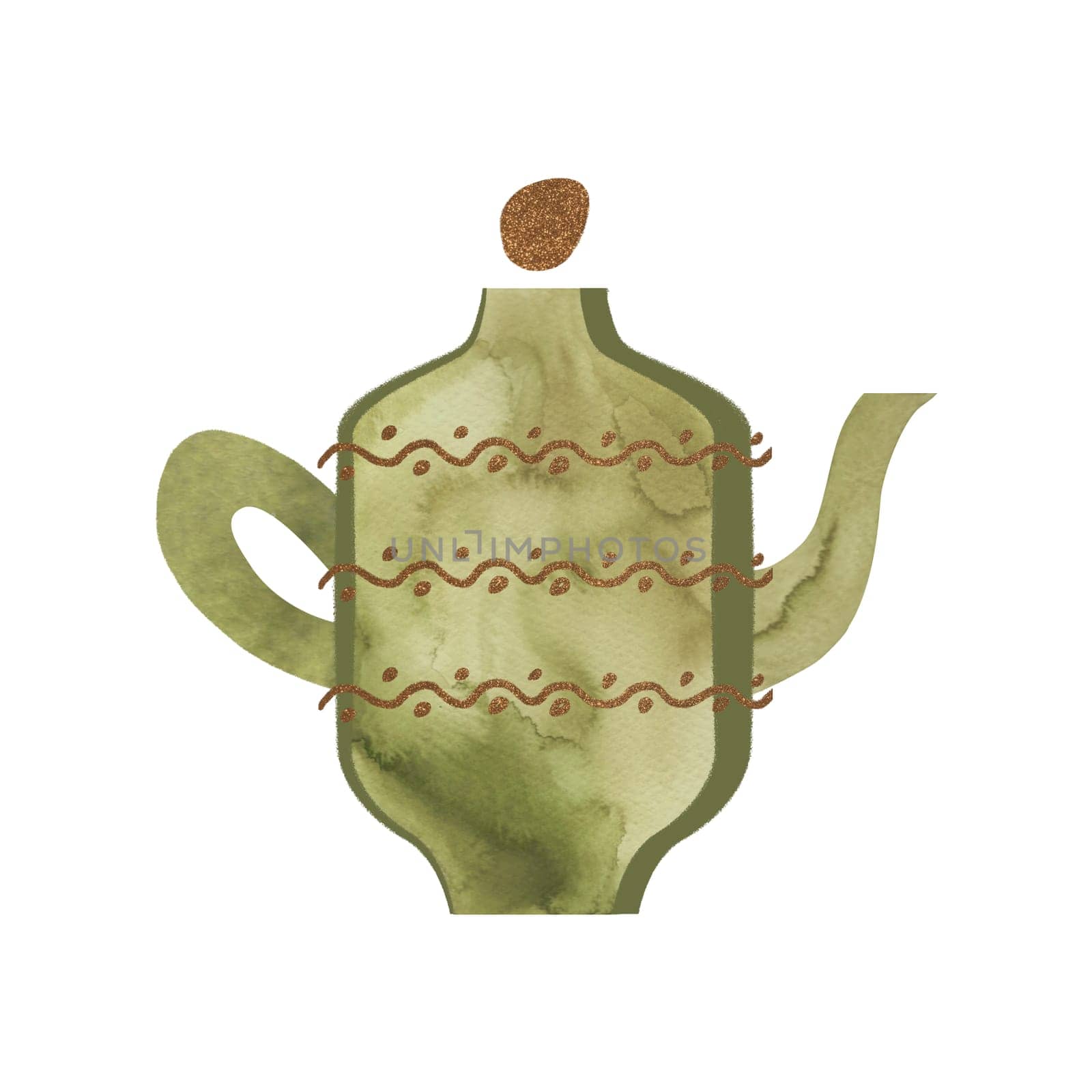 Teapot or coffee pot with a long spout and a gold pattern. Olive green tableware for setting the table for breakfast or tea. Part of the service. Isolated watercolor object on a white background. Clipart