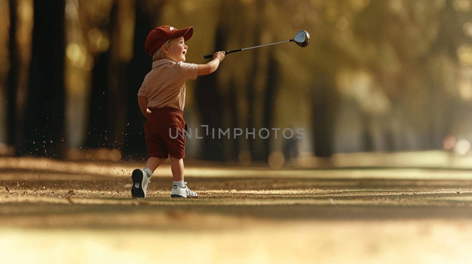 Young golfer happily swings his club on a sunny course, fully immersed in the game, aiming for success with each shot. Joyful moment in an active lifestyle