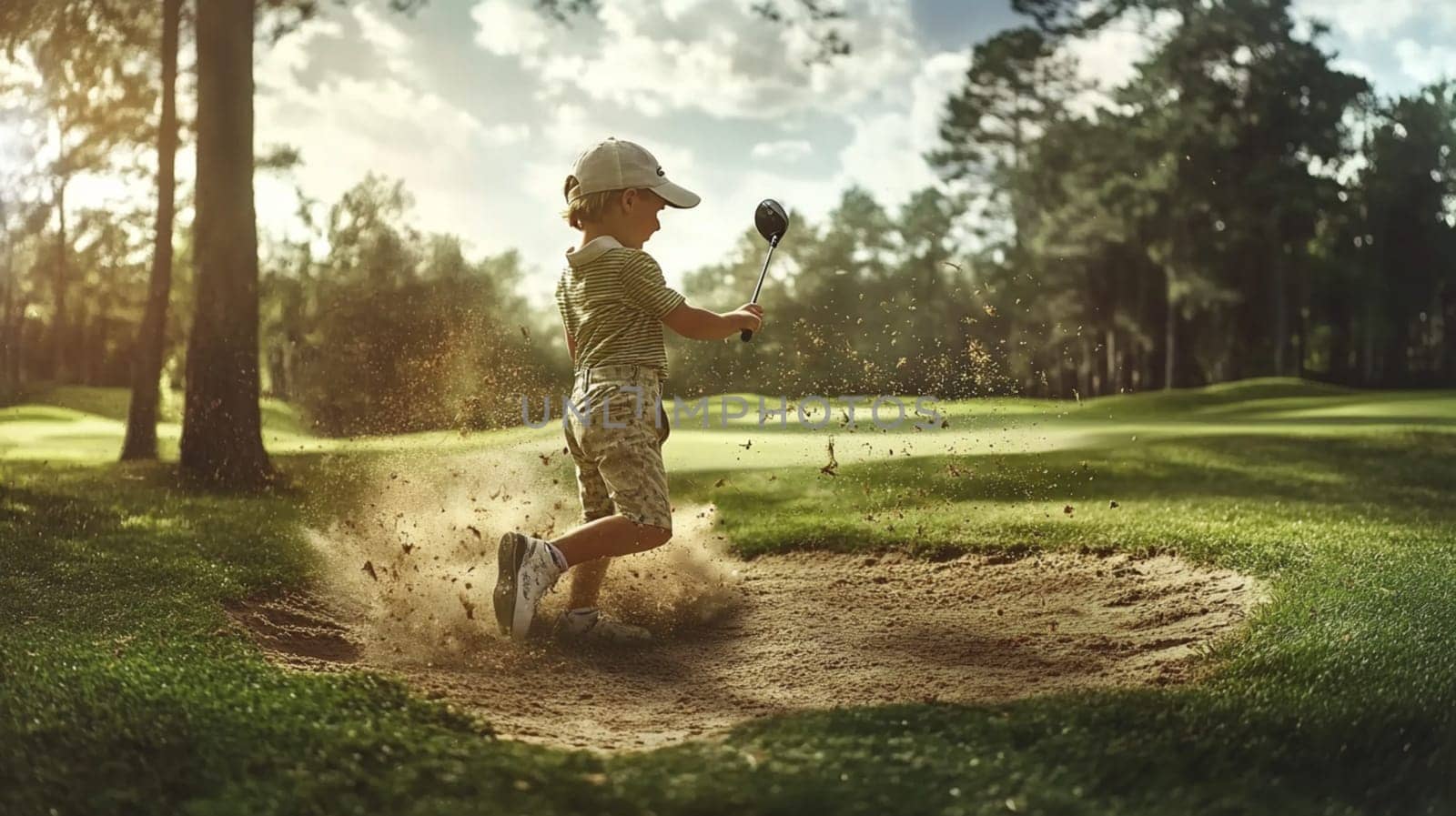 Young golfer hitting a golf ball out of a sand trap, sending sand flying into the air. The golfer is having fun on a sunny day at the golf course