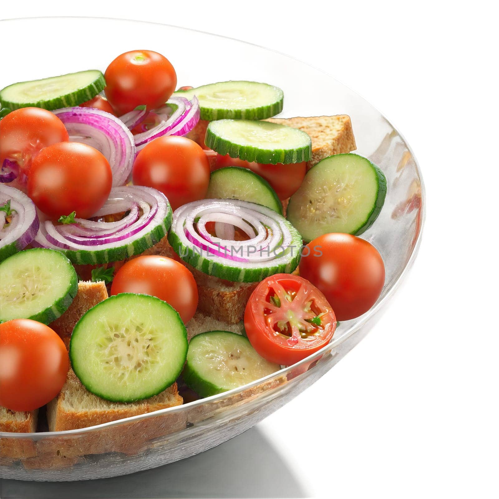 Panzanella with toasted bread tomatoes cucumbers red onions and basil leaves in a clear bowl. close-up food, isolated on transparent background
