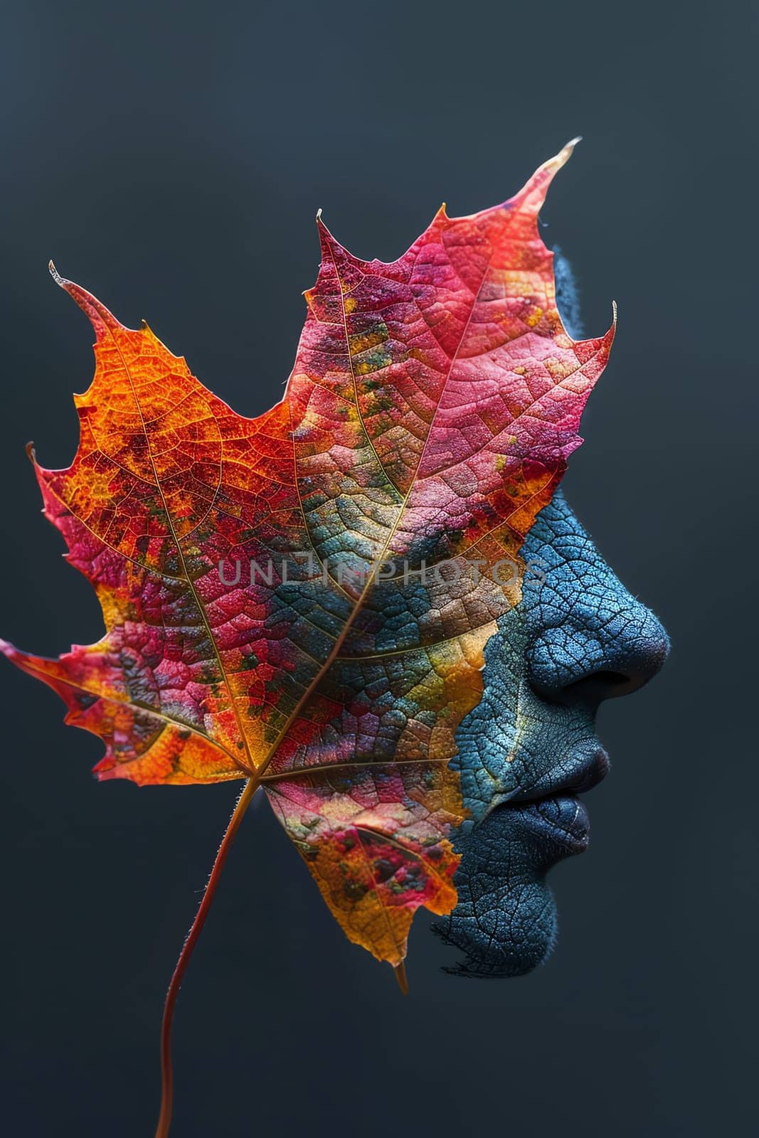 A leaf is used to create a face. The leaf is orange and green, and the face is blue