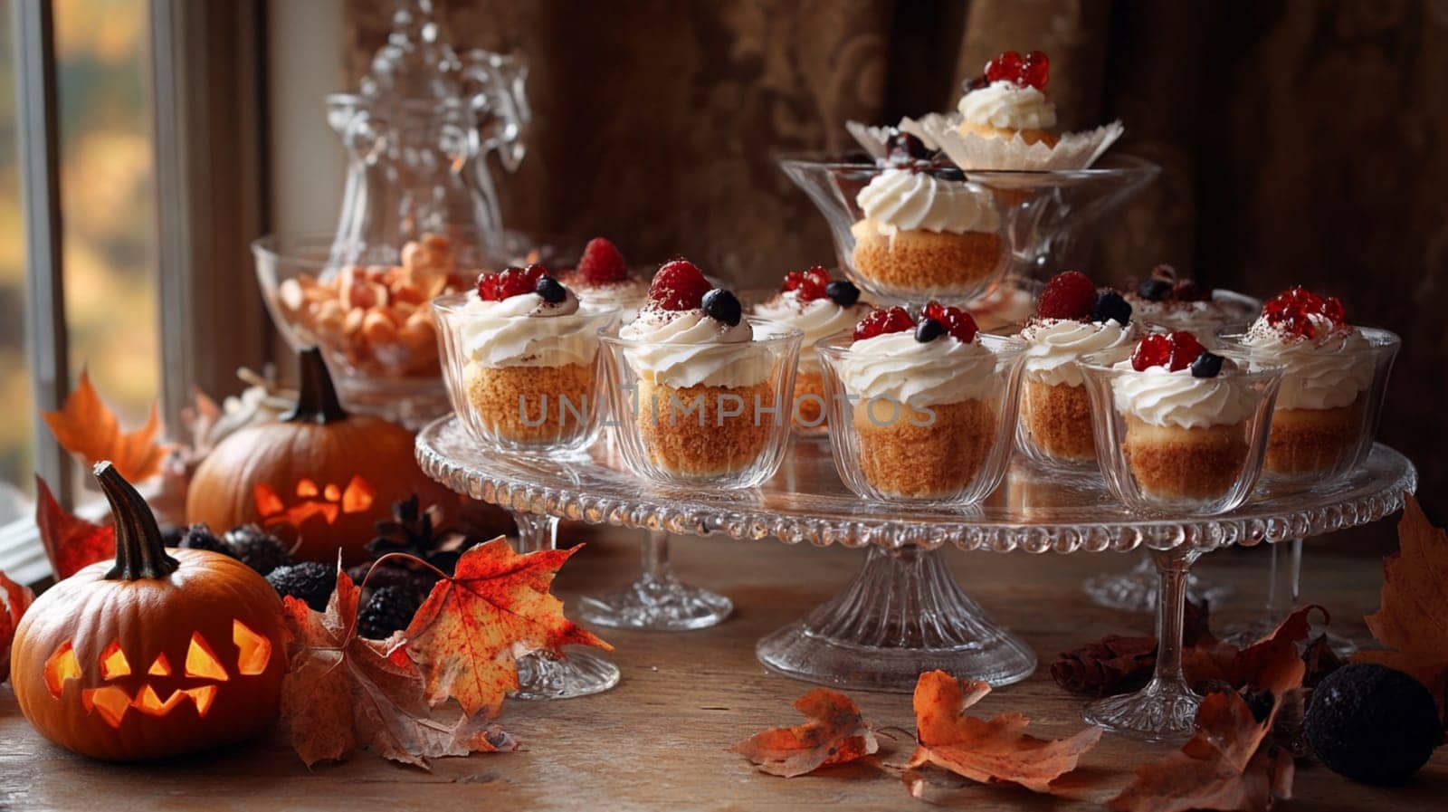 A table with a pumpkin and a bunch of cupcakes. The pumpkin is carved with a scary face and the cupcakes are decorated with frosting and berries