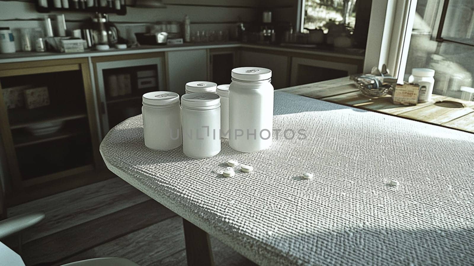 Several white pill bottles are sitting on a table in a kitchen, with a few pills lying next to them. The sun is shining through the window, casting a warm glow on the scene
