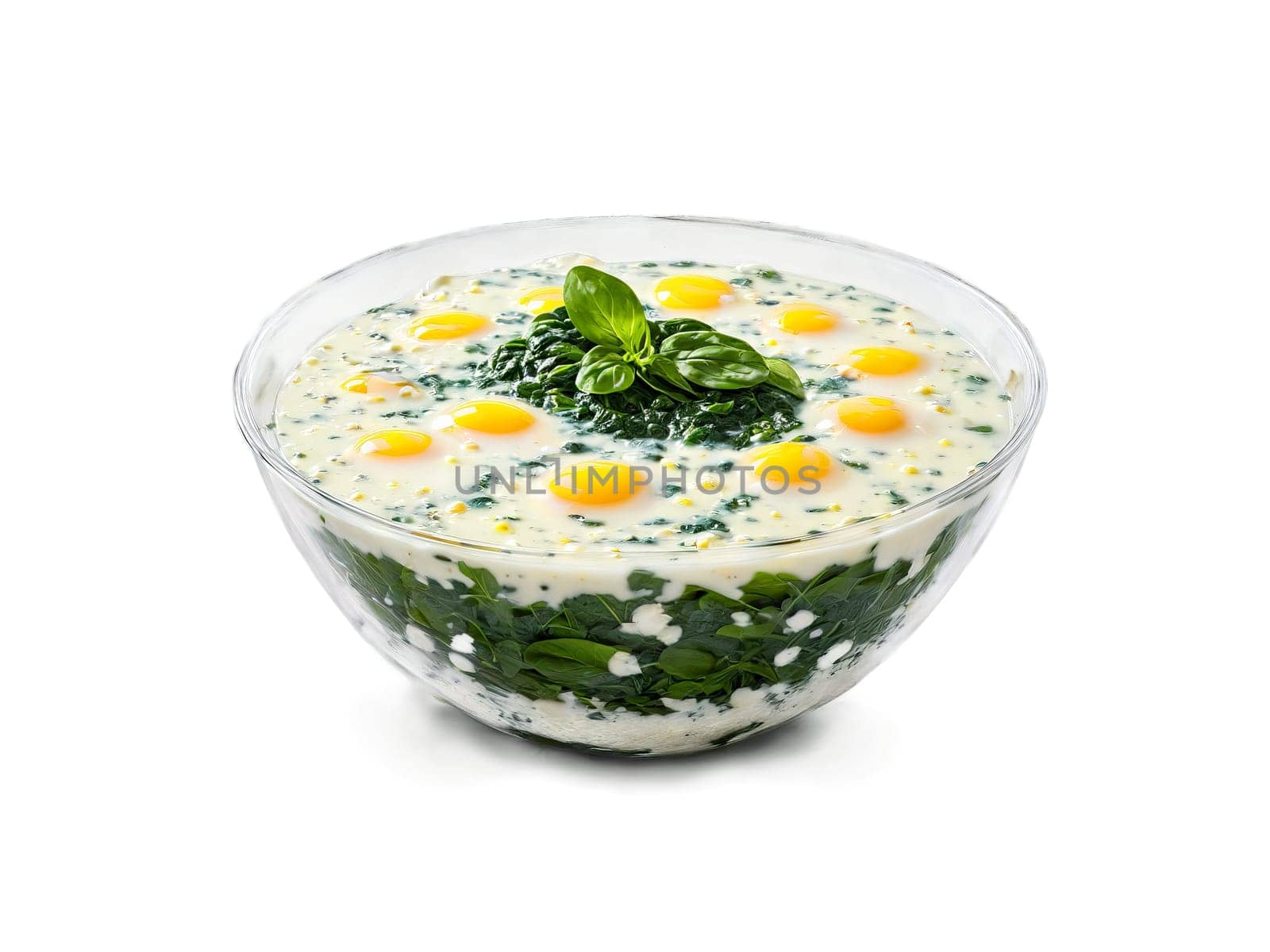 Stracciatella Soup with egg drop and spinach served in a transparent glass bowl comforting. Food isolated on transparent background.