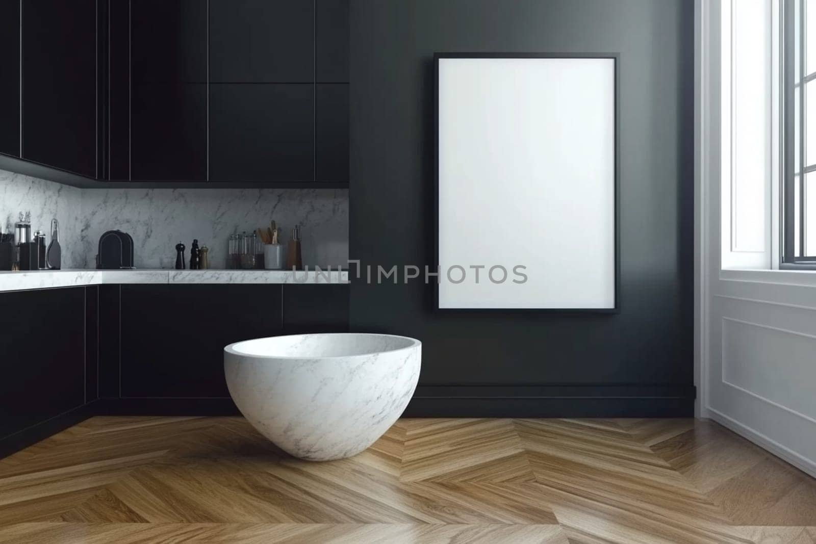 Interior of a modern minimalist black kitchen with marble countertop and backsplash, a large marble bowl is standing on a hardwood floor
