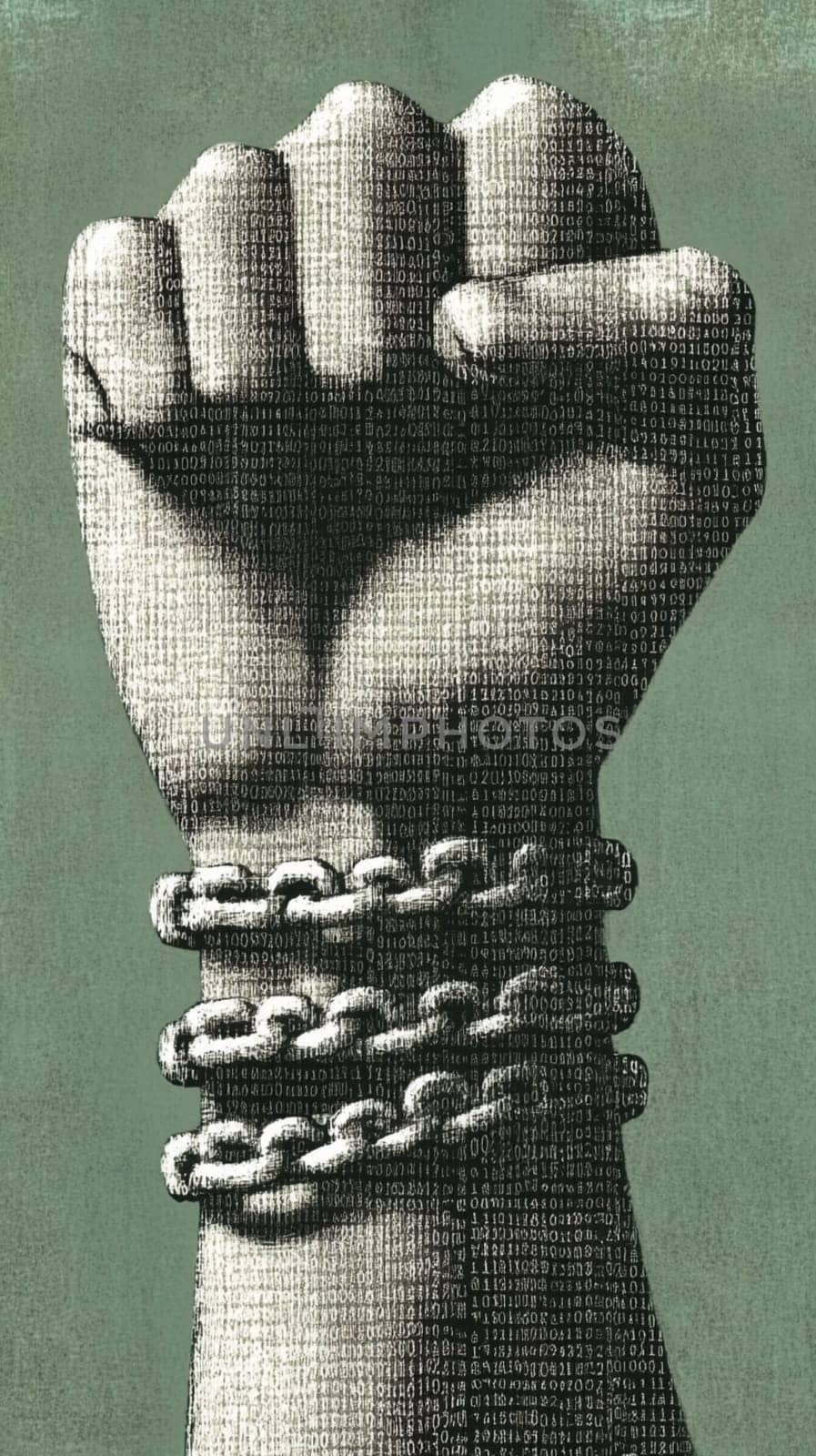 Powerful fist, adorned with intricate patterns, is breaking free from heavy chains, symbolizing the struggle for freedom and equality