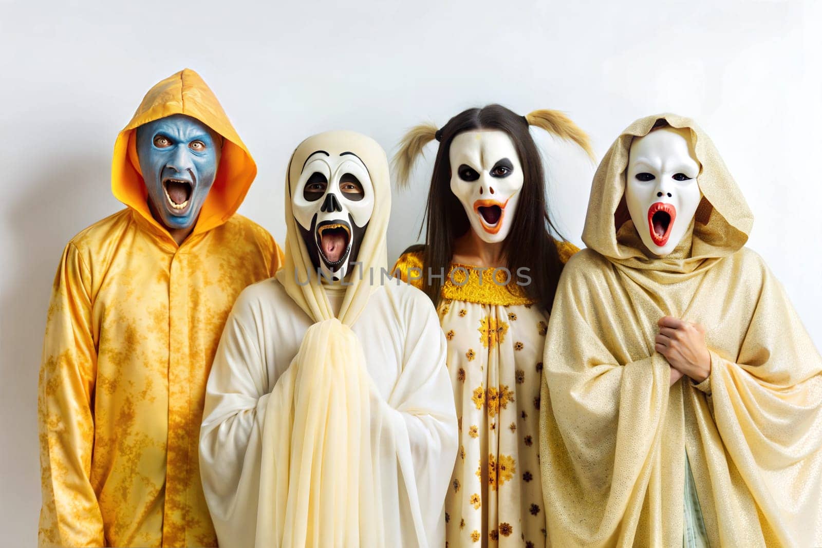 Four people dressed in scary costumes with ghost faces for Halloween on white background. Ai generated