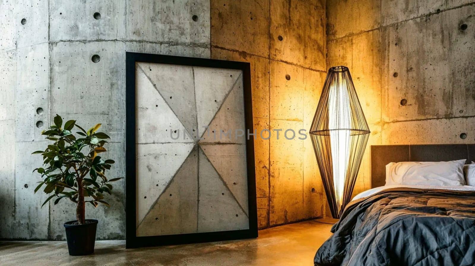 Modern minimalist bedroom with exposed concrete walls is bathed in warm light from a designer lamp