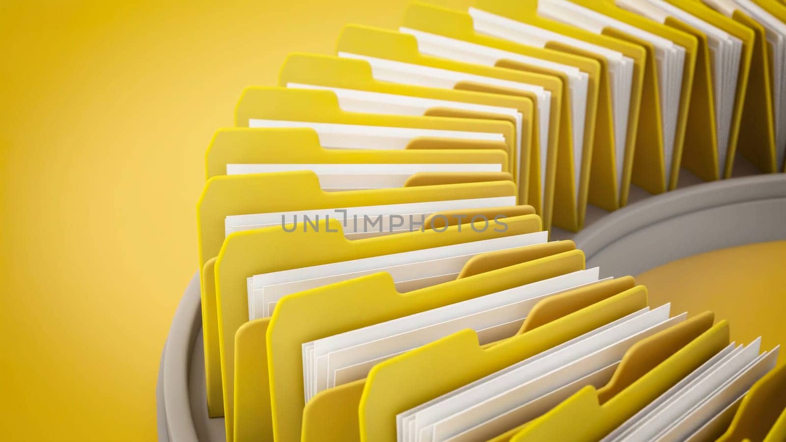 Spinning yellow file folders with blank papers. 3D illustration.