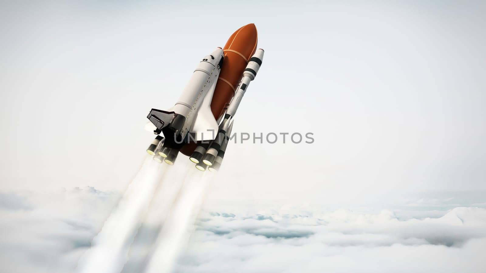 Space shuttle rising above the clouds. 3D illustration