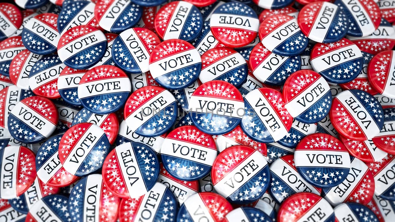 Large stack of vote badges with American flag colors. 3D illustration.