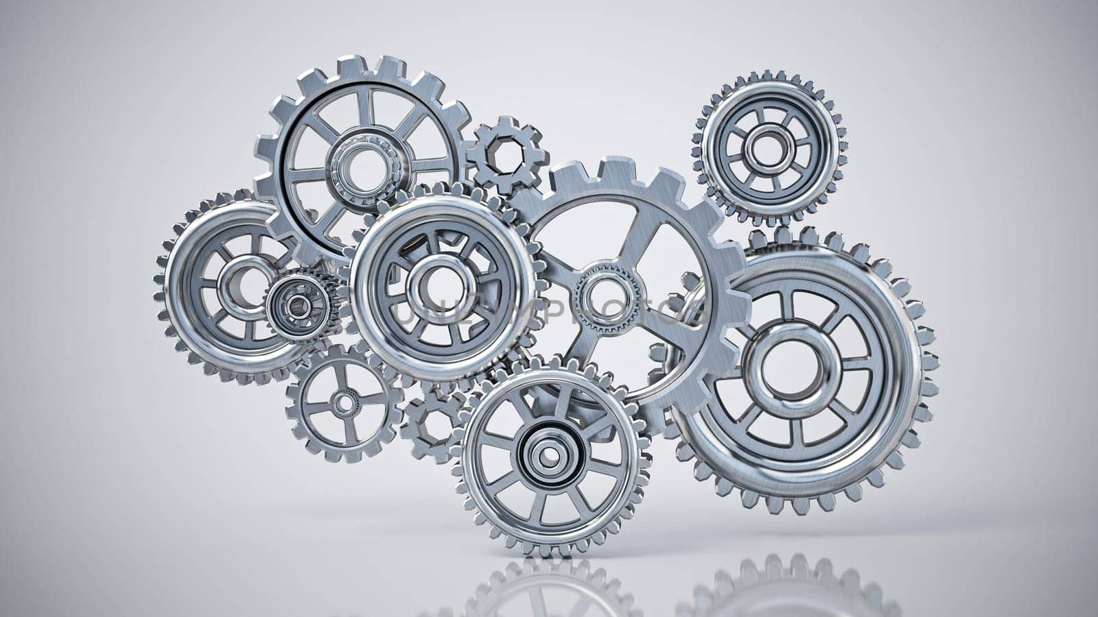 Metallic gears in various size and shapes rotating. 3D illustration.