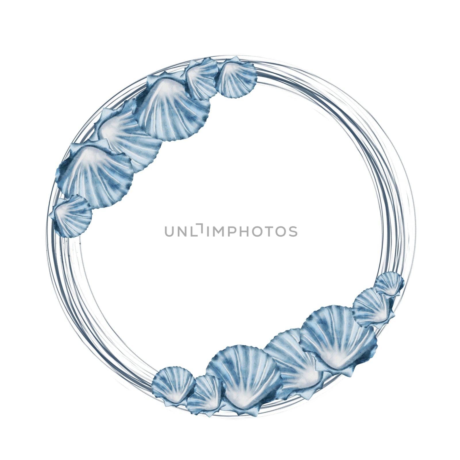 Seashells watercolor frame. Round border of blue shells on isolated white background. Clip art of sea creatures. Ideal for design of cosmetics packaging and bathroom textiles. High quality photo