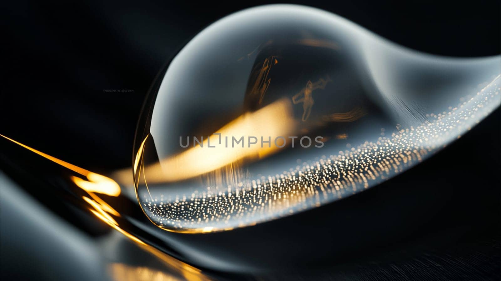 Two glass spheres are standing on a reflective surface, with golden light reflecting on them. The background is dark and mysterious
