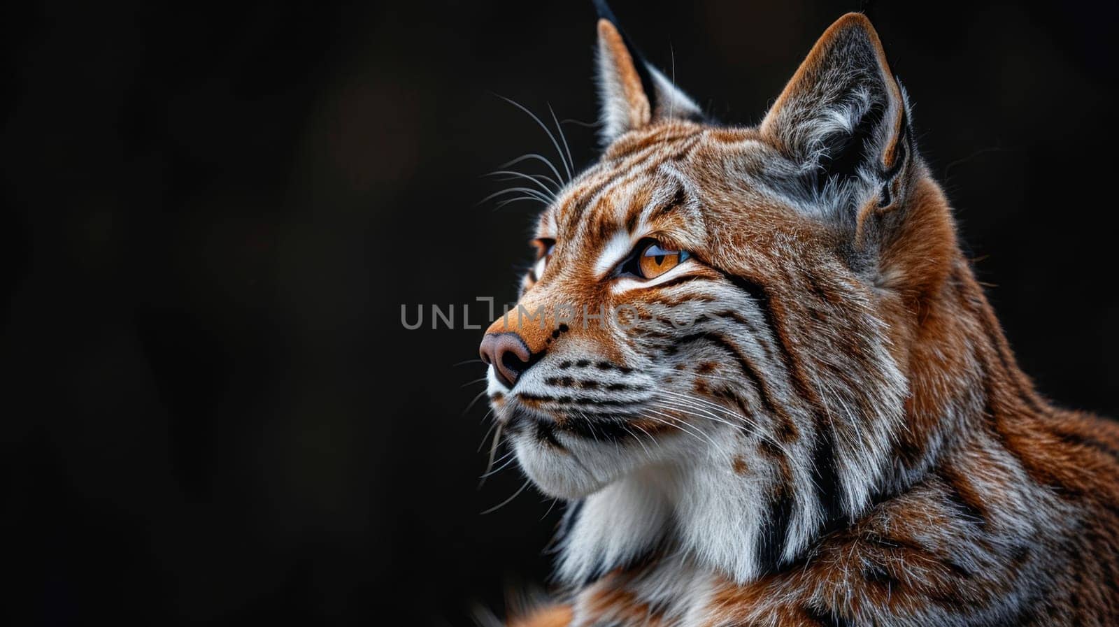 Portrait of a wild lynx forest cat on an isolated black background.