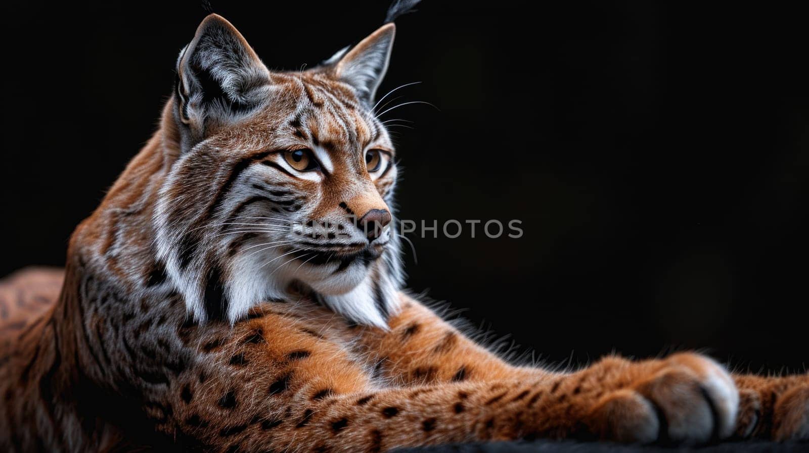 Portrait of a wild lynx forest cat on an isolated black background.