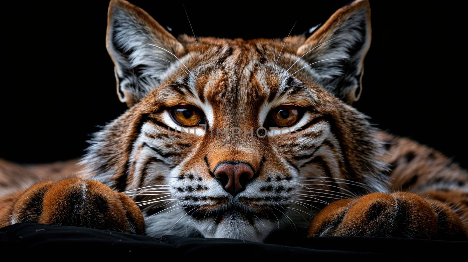 Portrait of a wild lynx forest cat on an isolated black background.