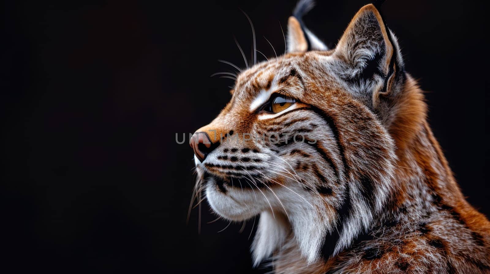 Portrait of a wild lynx forest cat on an isolated black background.