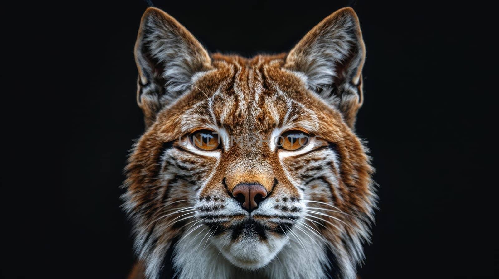 Portrait of a wild lynx forest cat on an isolated black background.