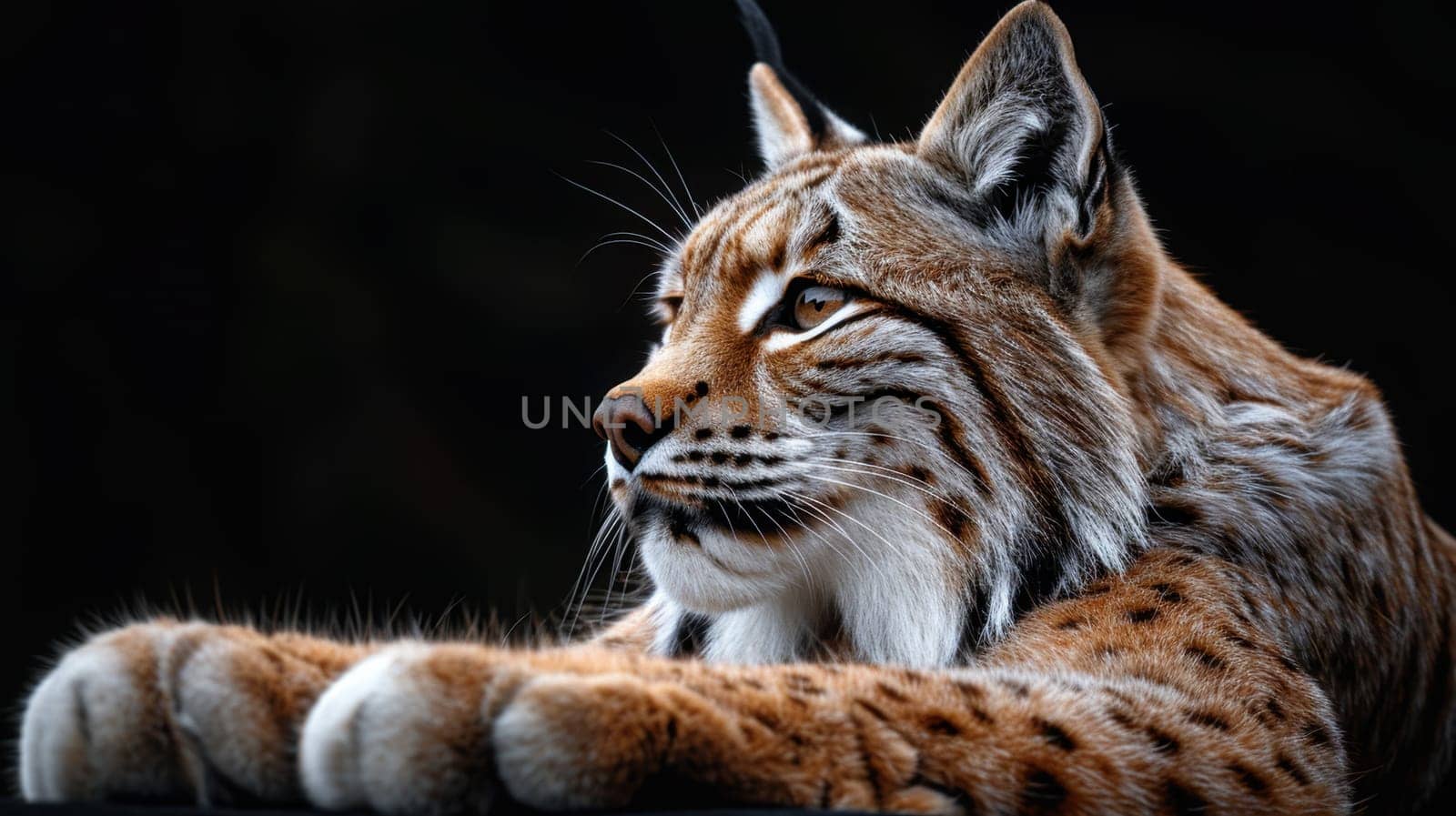 Portrait of a wild lynx forest cat on an isolated black background.