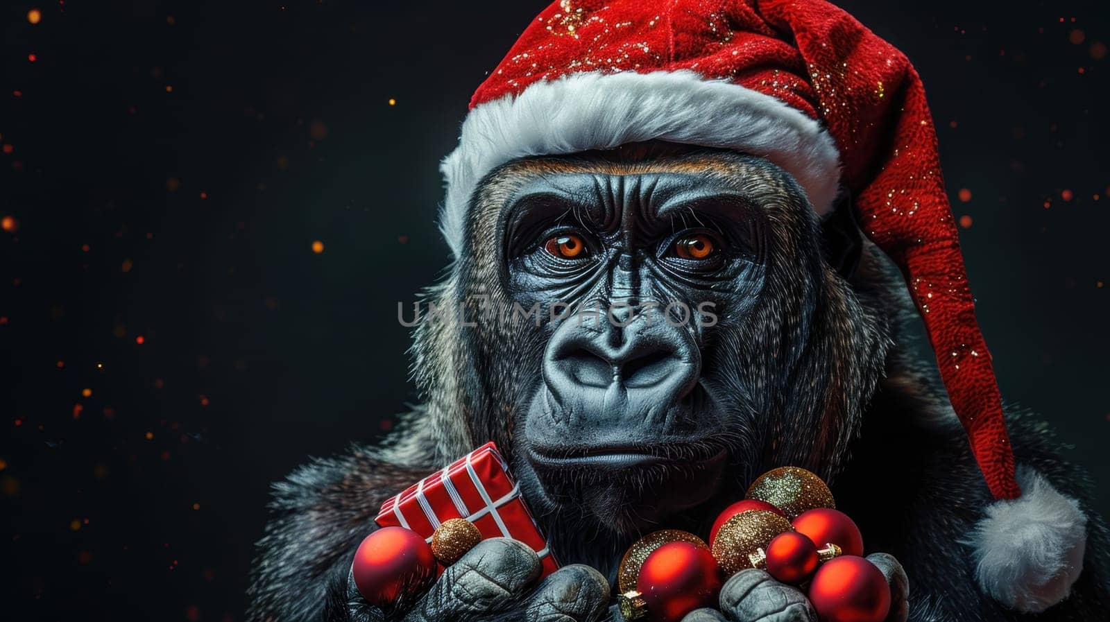 A Christmas gorilla in a Santa hat, on an isolated black background.