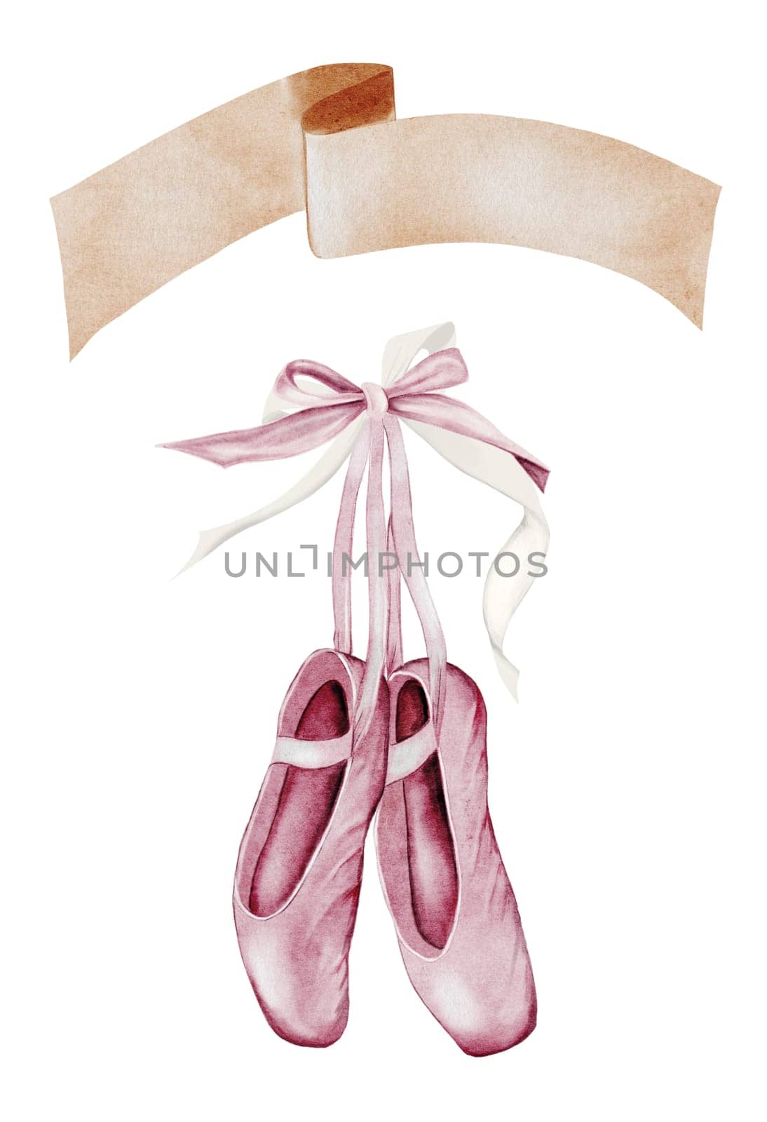Pointe shoes with bow watercolor. Hand drawn pink ballerina accessories postcard on isolated white background. Clip art of elegant satin ballet shoes with space for name inscription. Ideal card for ballet and dance and posters. High quality illustration