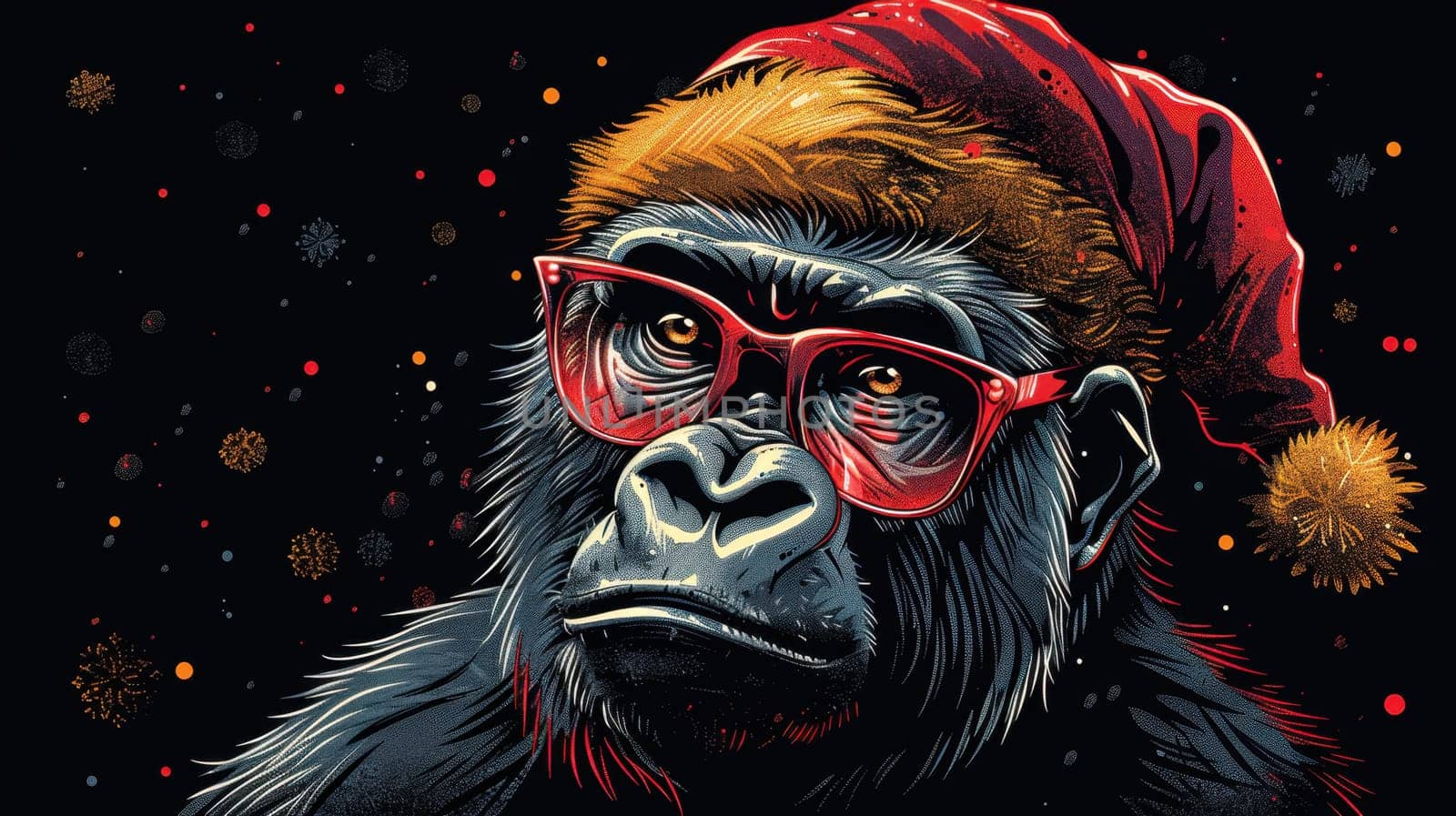 A Christmas gorilla in a Santa hat, on an isolated black background.