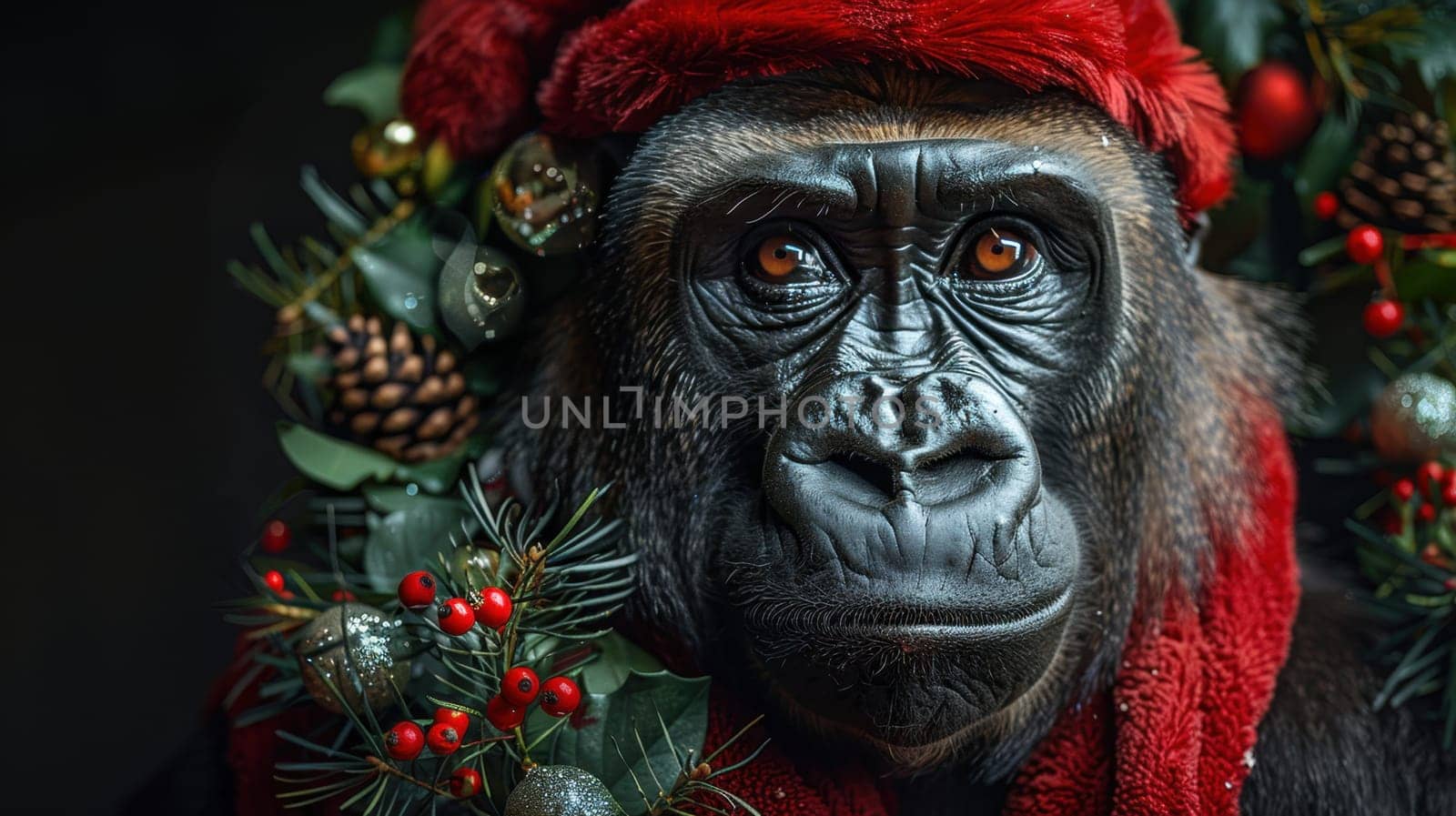 A Christmas gorilla in a Santa hat, on an isolated black background.