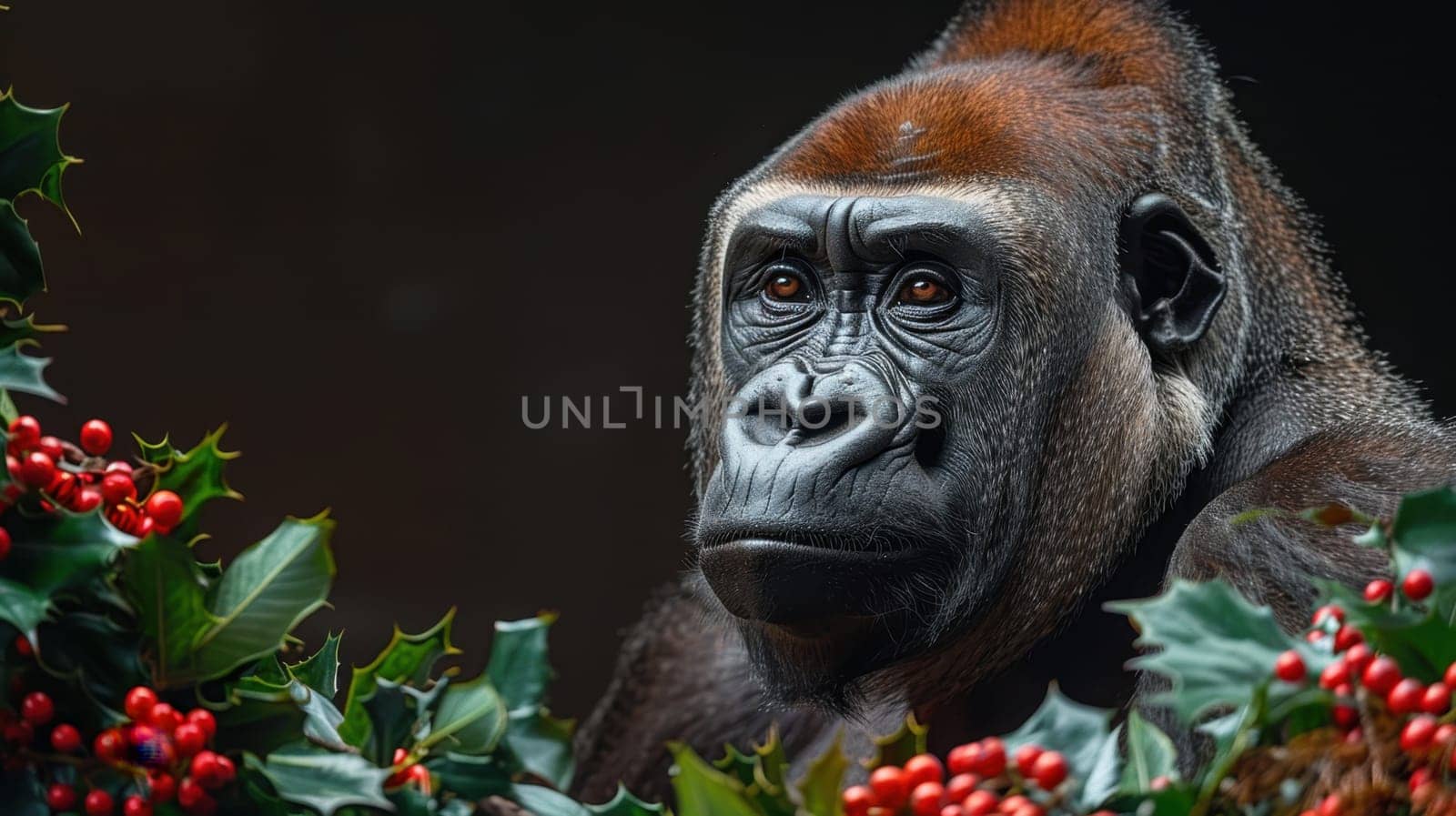 A Christmas gorilla in a Santa hat, on an isolated black background.