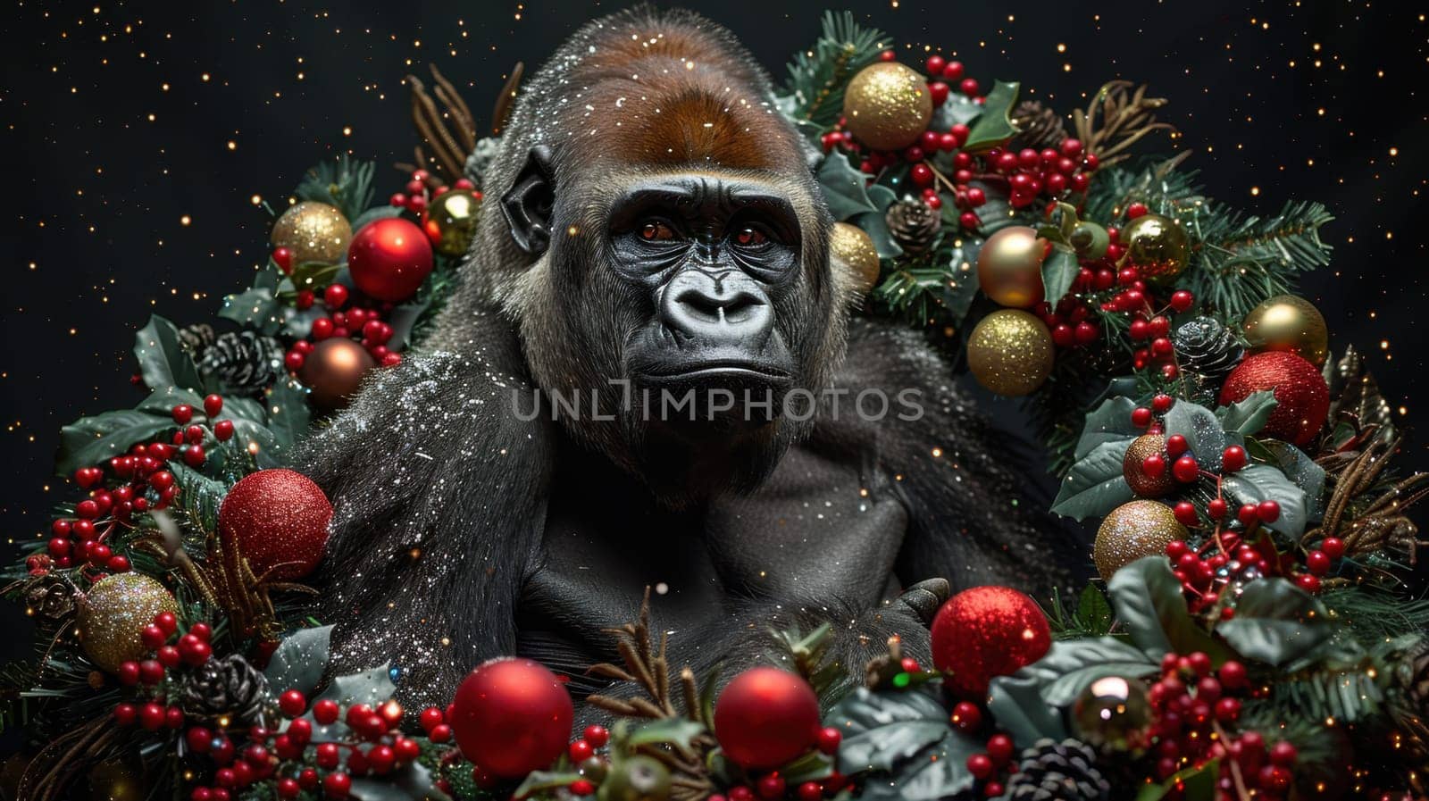 A Christmas gorilla in a Santa hat, on an isolated black background.