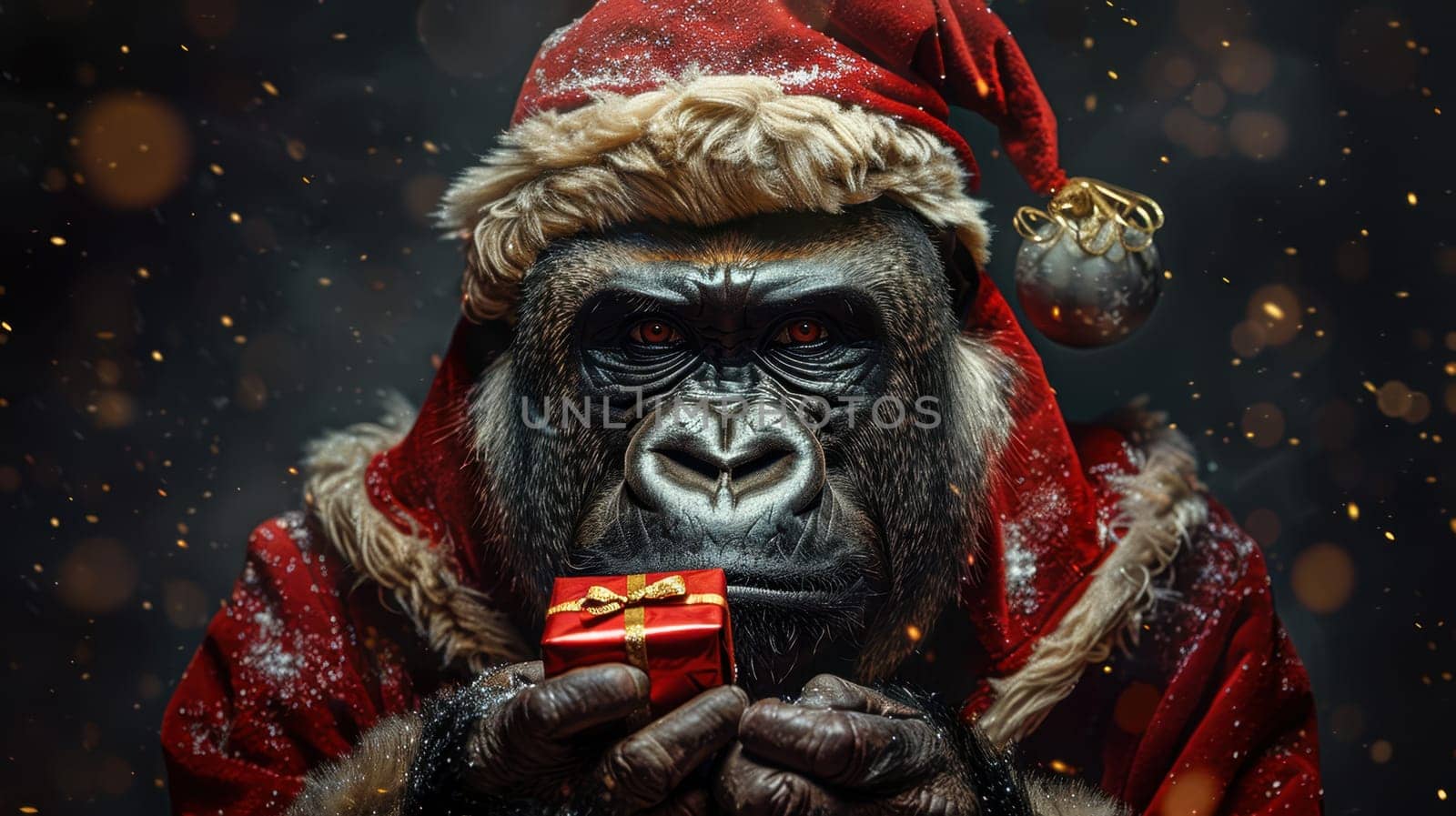 A Christmas gorilla in a Santa hat, on an isolated black background.