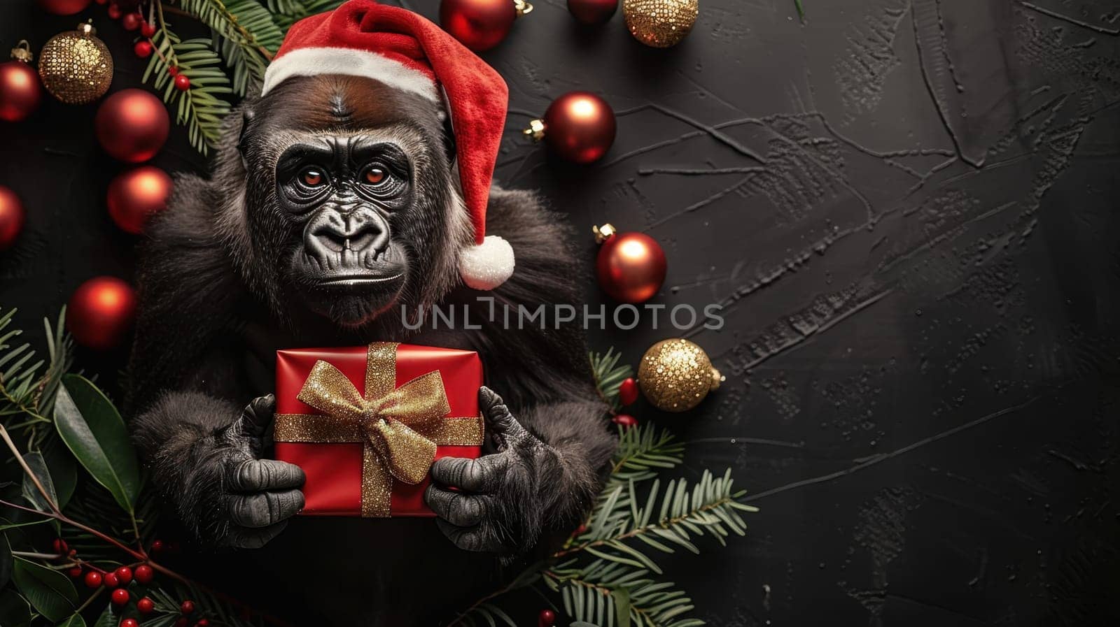 A Christmas gorilla in a Santa hat, on an isolated black background.