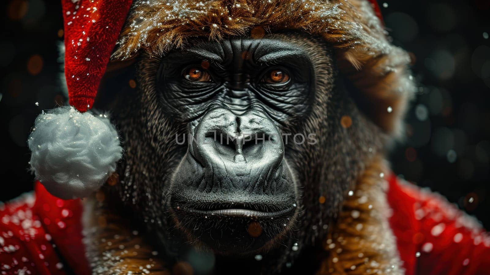 A Christmas gorilla in a Santa hat, on an isolated black background.