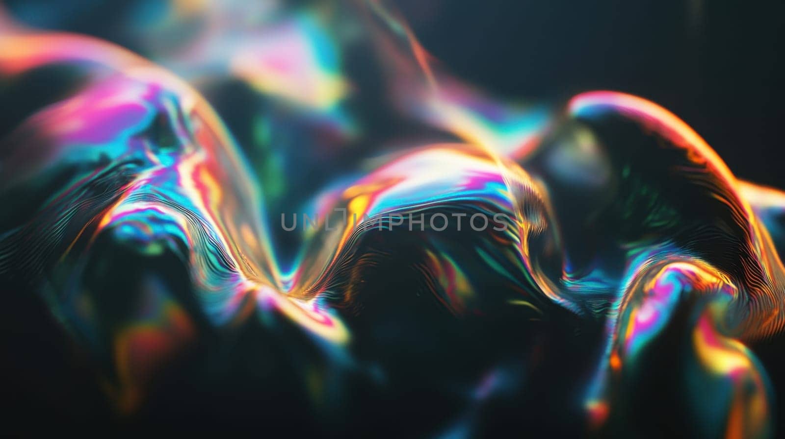 Abstract iridescent liquid surface with vibrant holographic colors. Concept of fluid dynamics, iridescence, and modern art.